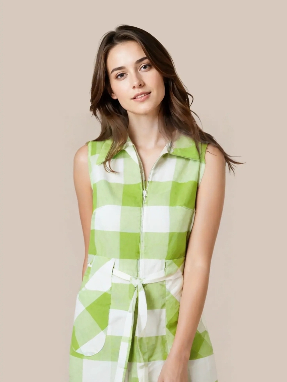 Vintage 1960s Skimma Lime Green White Gingham Zip Front Belted Shirt Dress Sz S - Picture 2 of 5
